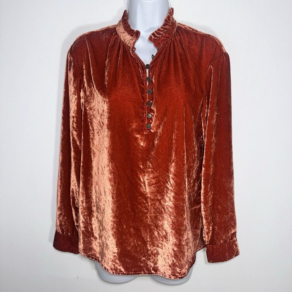 Anthropologie Kristianne Velvet Ruffled High Neck Button Blouse Burnt Orange XS